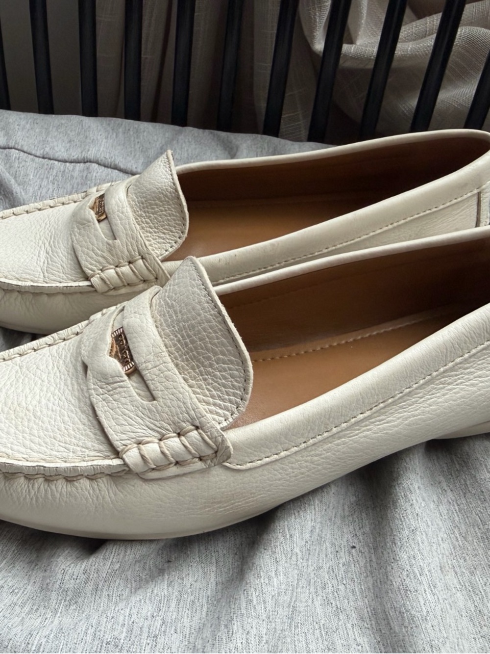 Coach Cream Leather Penny Loafers with Gold Accent - Picture 8 of 9
